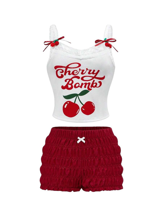 Plus Size Cherry Lace Trim Cami & Micro Shorts Two-Piece Set