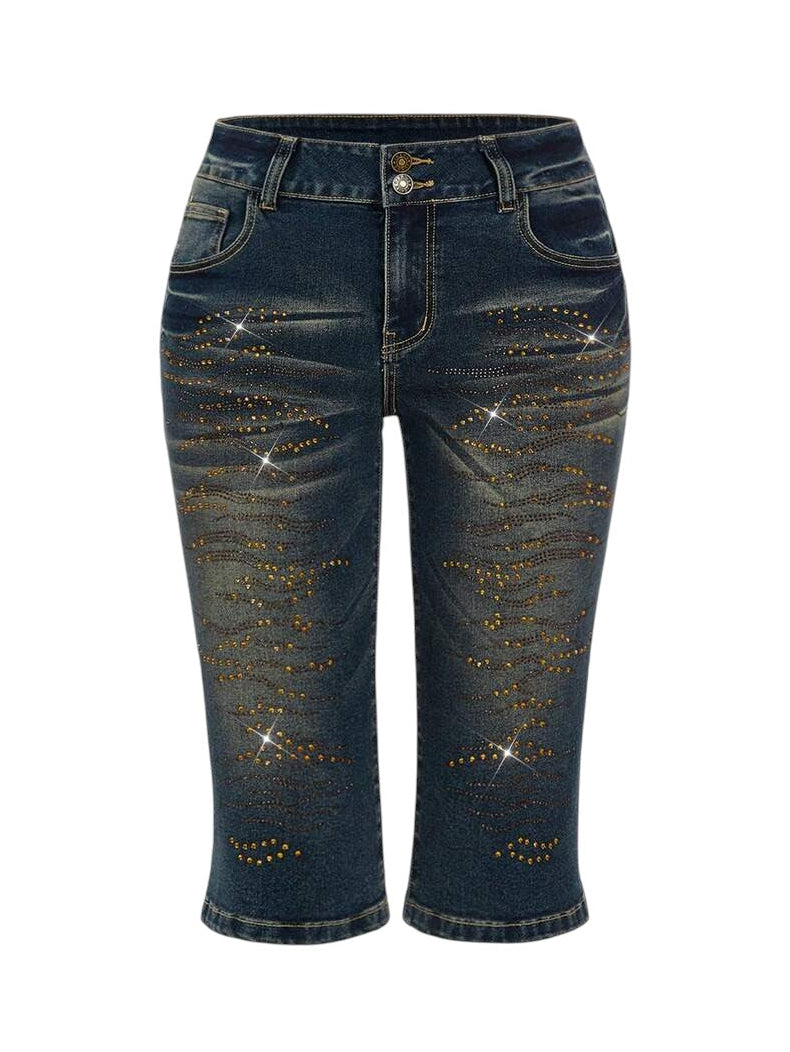 Blue Vintage Rhinestone Denim Micro Shorts with Ultra Low Rise Y2K Style