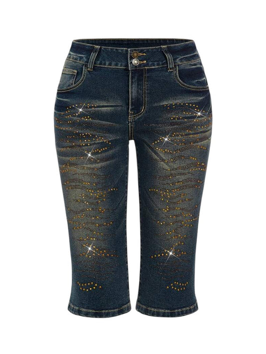 Blue Vintage Rhinestone Denim Micro Shorts with Ultra Low Rise Y2K Style
