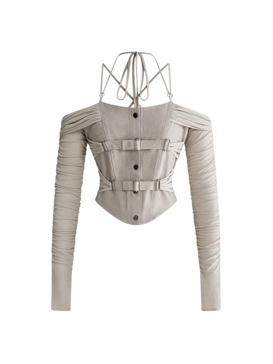 Women's Beige Ruched Off-Shoulder Tie Strap Top