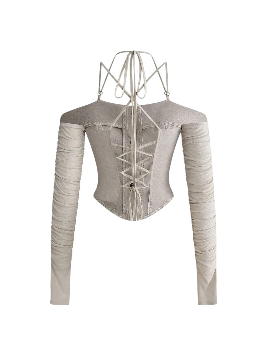 Women's Beige Ruched Off-Shoulder Tie Strap Top