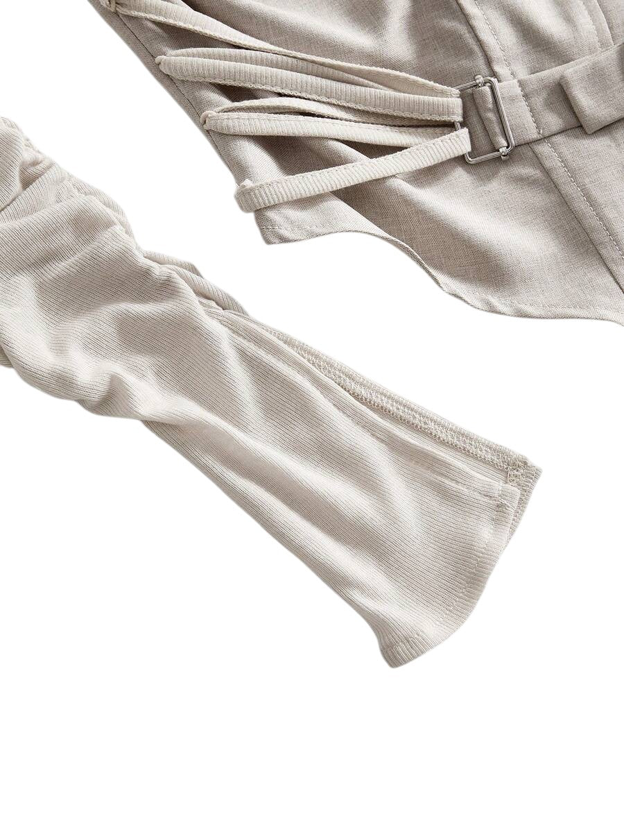 Women's Beige Ruched Off-Shoulder Tie Strap Top