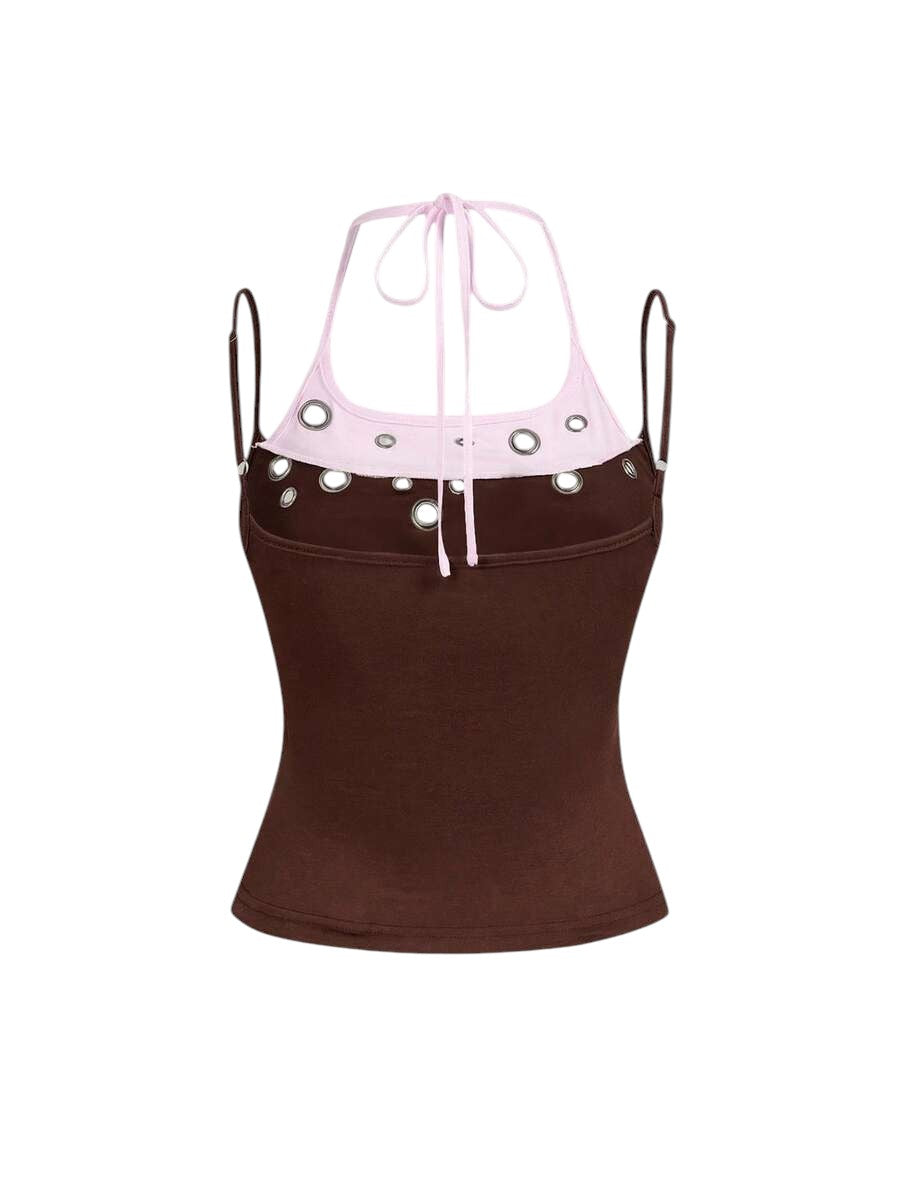 Brown Y2K Eyelet Detail Streetwear Crop Tank Top