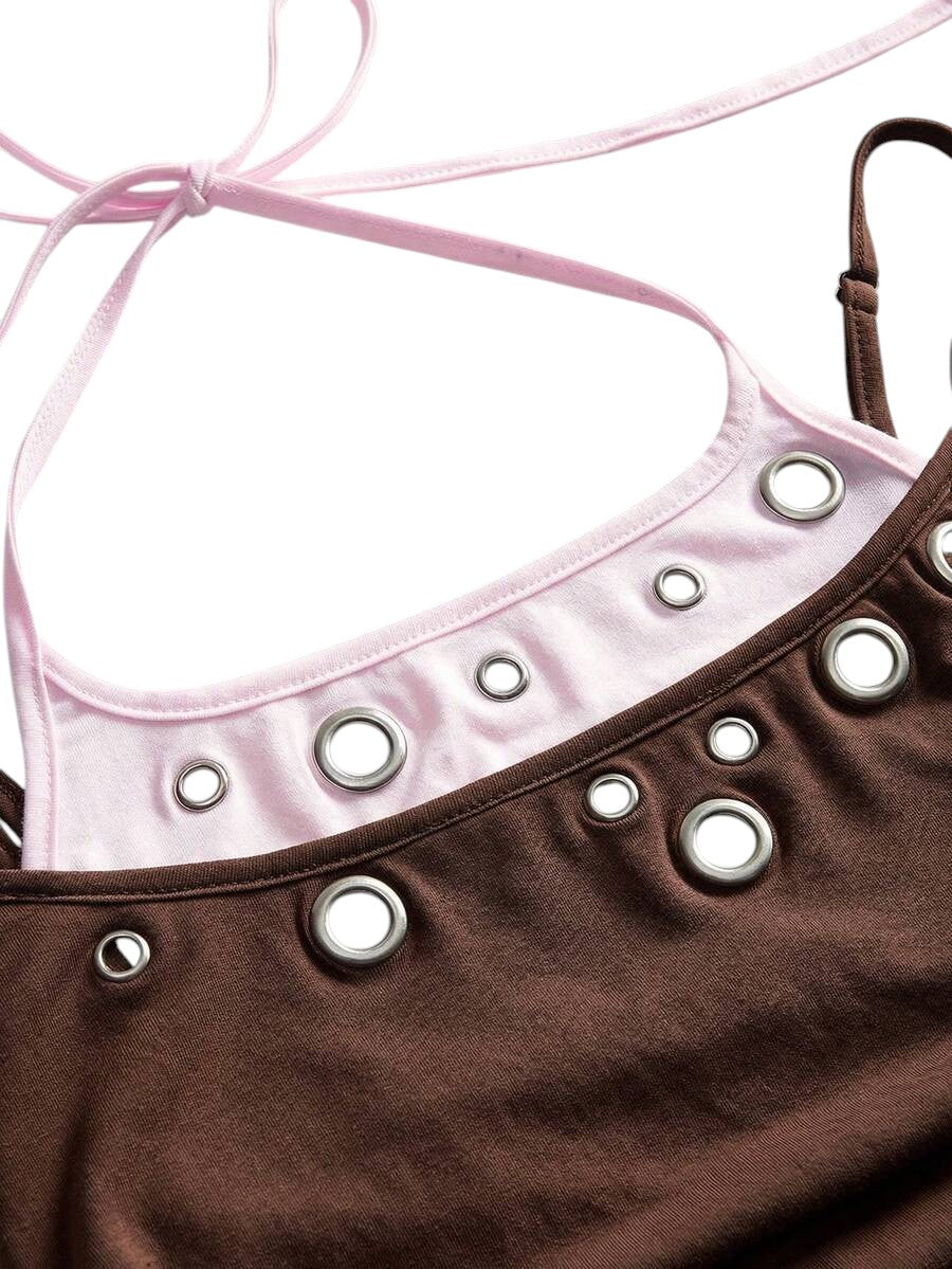 Brown Y2K Eyelet Detail Streetwear Crop Tank Top