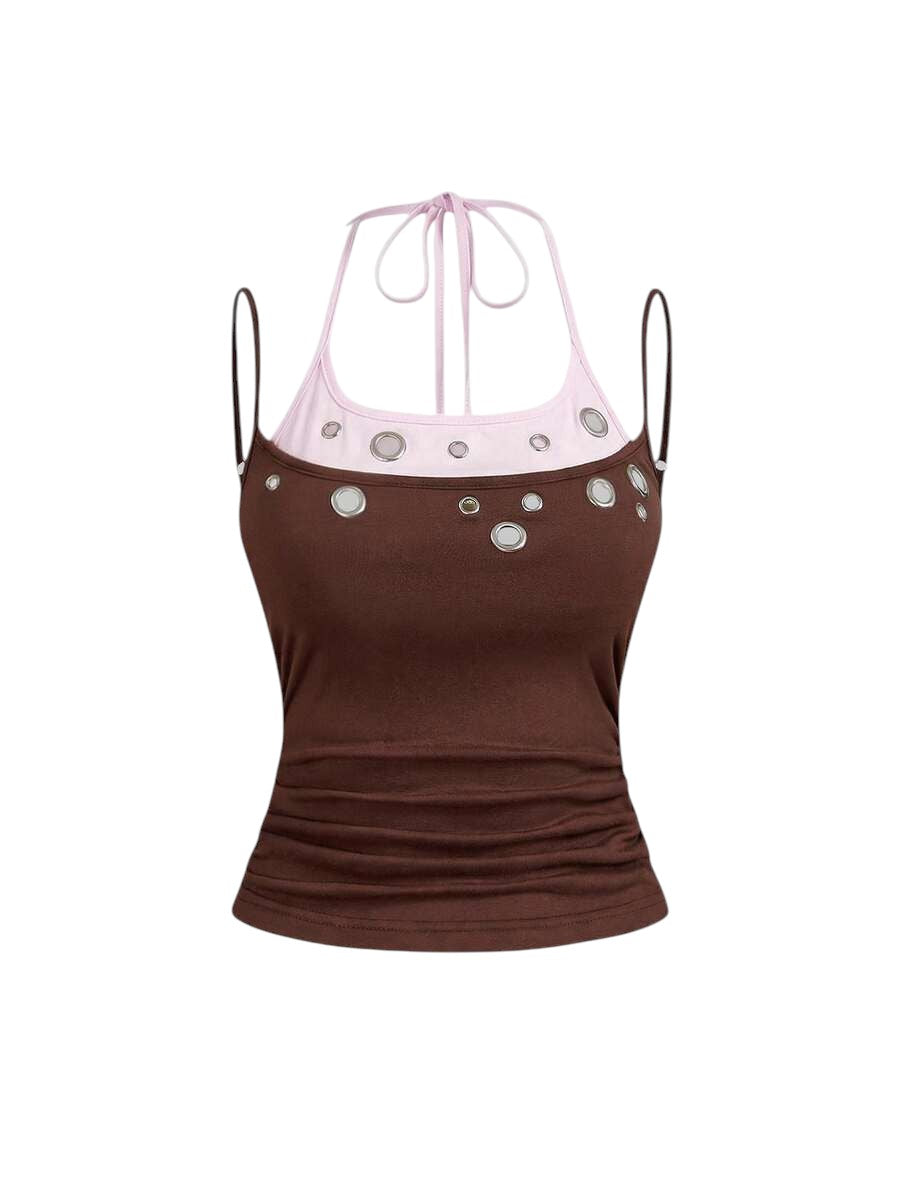 Brown Y2K Eyelet Detail Streetwear Crop Tank Top