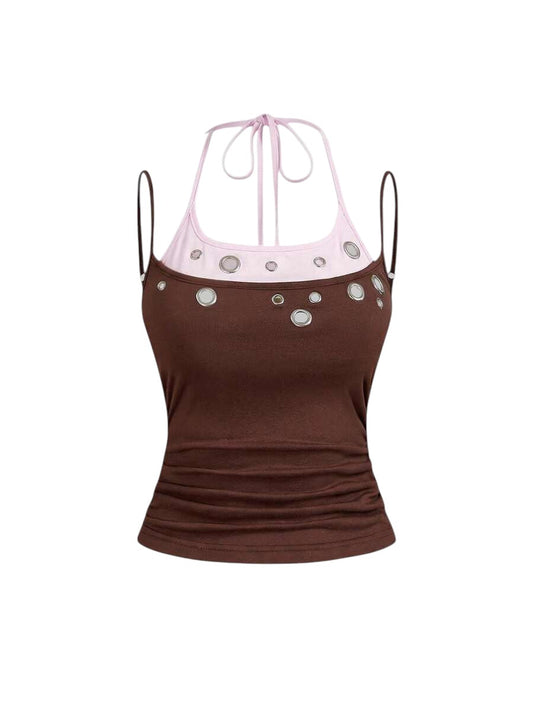 Brown Y2K Eyelet Detail Streetwear Crop Tank Top