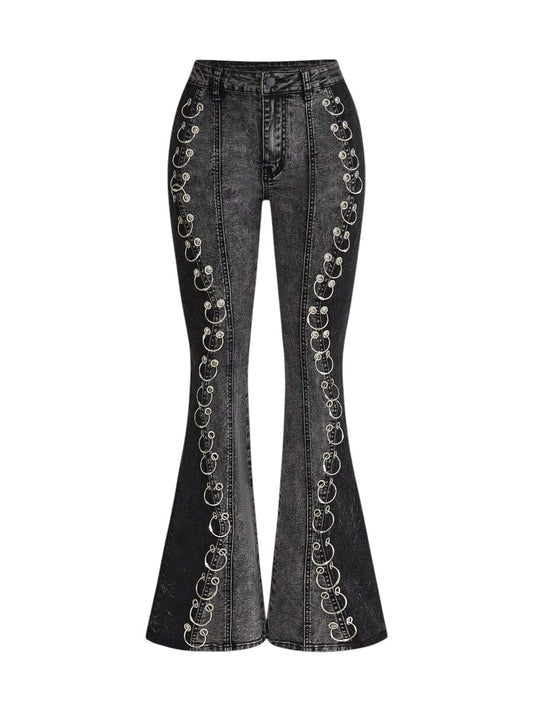 Women's Patchwork Grommet Flare Jeans