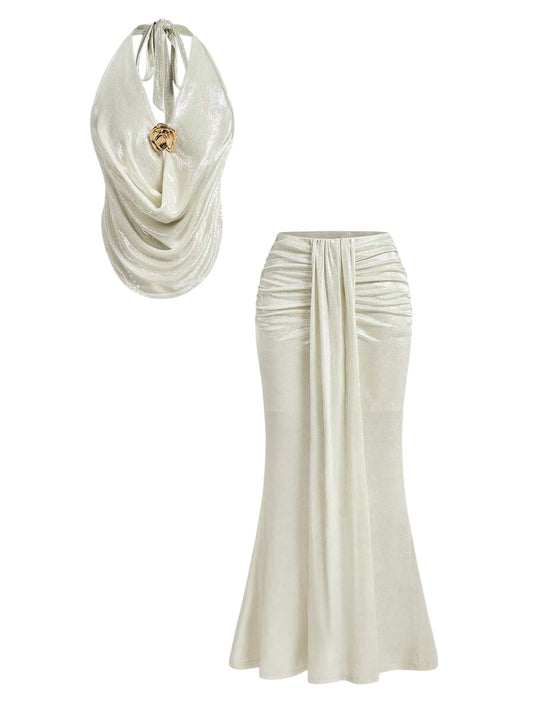 French Riviera Plunge Bandeau Top & Mermaid Maxi Skirt Shimmer Co-Ord Set