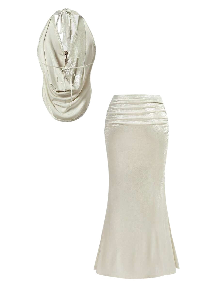French Riviera Plunge Bandeau Top & Mermaid Maxi Skirt Shimmer Co-Ord Set
