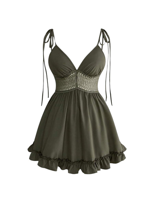 Plus Size Deep V-Neck Lace Patchwork Ruffle Hem Mini Dress