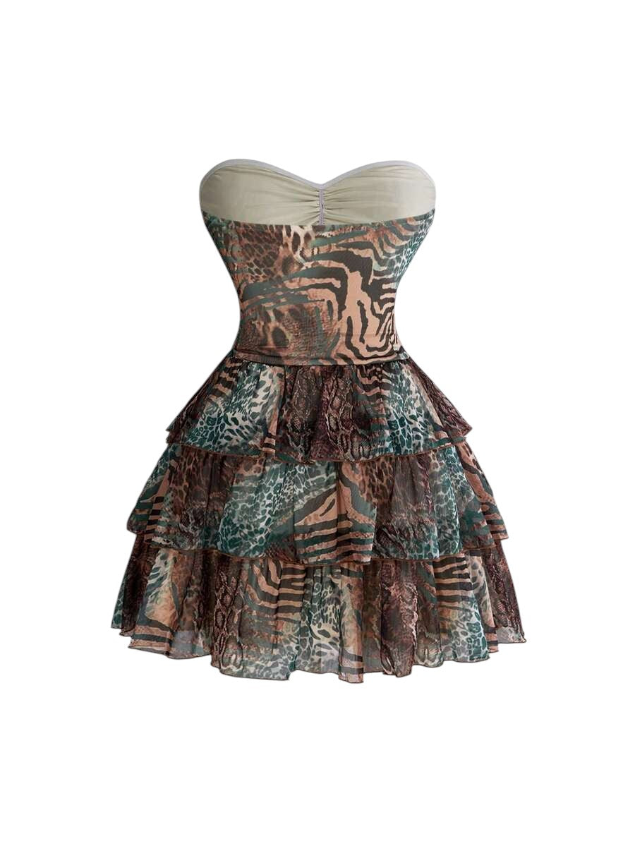 Plus Size Strapless Animal Print Ruffle Hem Mini Dress