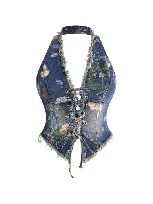 Plus Size Blue Vintage Distressed Floral Print Tie-Up Denim Blouse