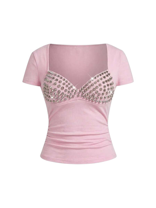Punk Rivet Patchwork 2-In-1 Pink Slim Fit T-Shirt