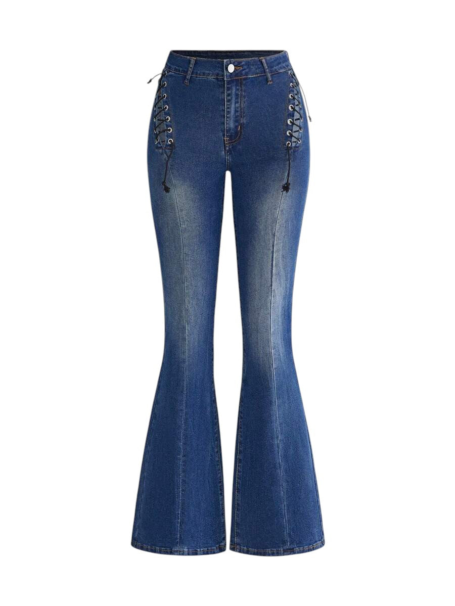 Y2K Hollow Lace-Up Low Rise Flare Denim Jeans for Women