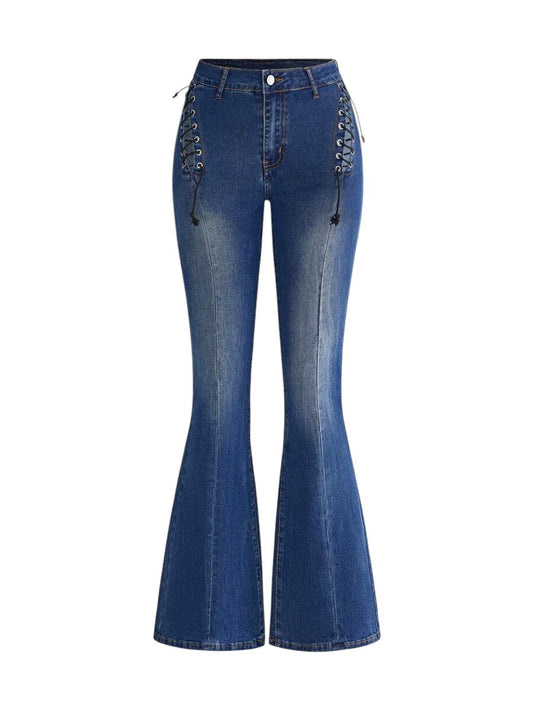Y2K Hollow Lace-Up Low Rise Flare Denim Jeans for Women