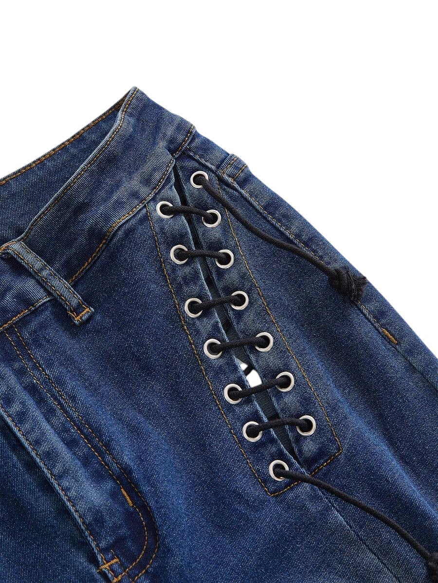 Y2K Hollow Lace-Up Low Rise Flare Denim Jeans for Women