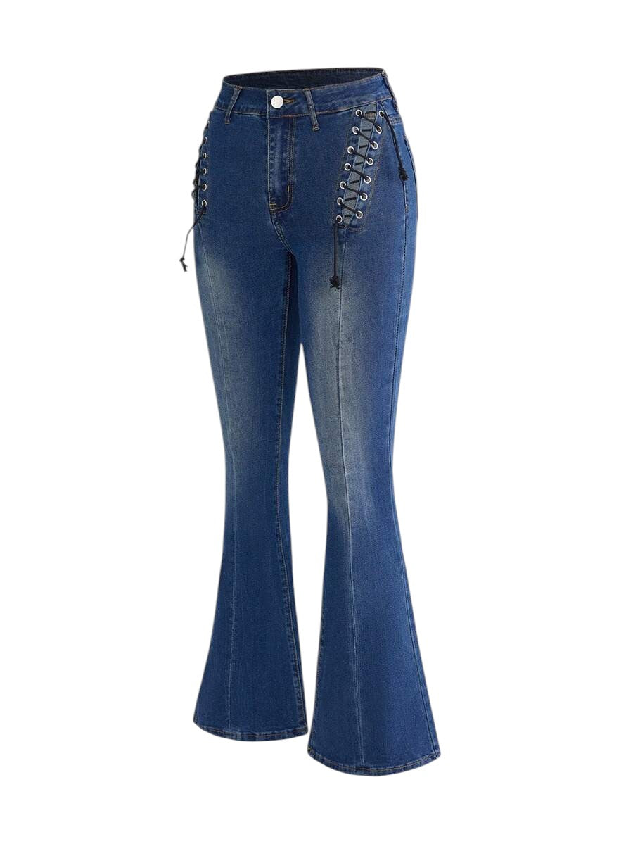Y2K Hollow Lace-Up Low Rise Flare Denim Jeans for Women
