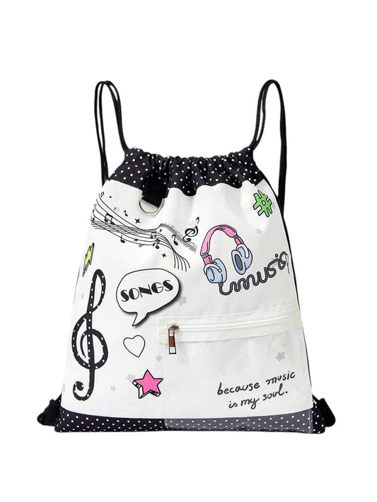Kawaii Music Notes Transparent Pocket Drawstring Backpack