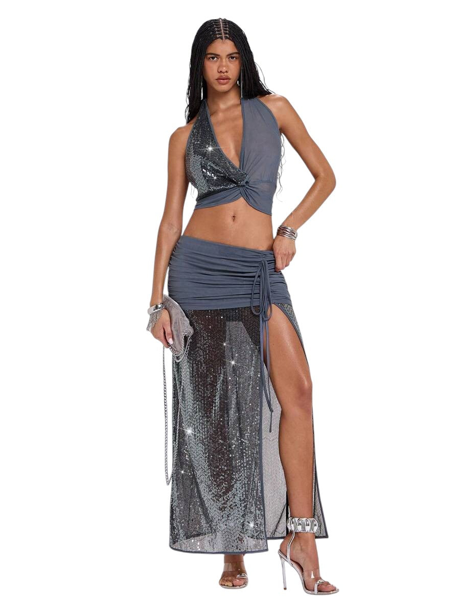 Women's Y2K Glitter Mesh Cowl Neck Tank Top