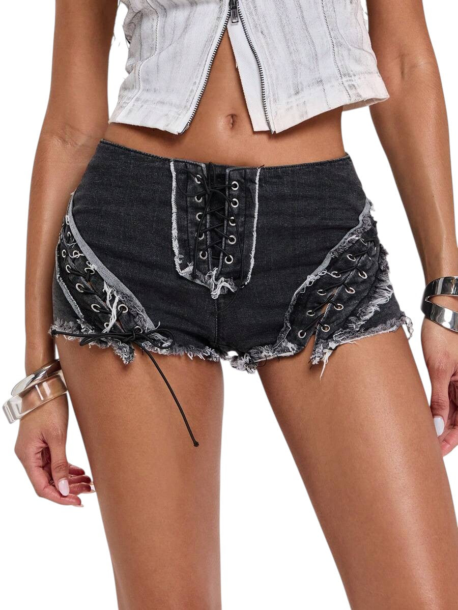 Women's Hollow Strap Low-Waist Denim Shorts