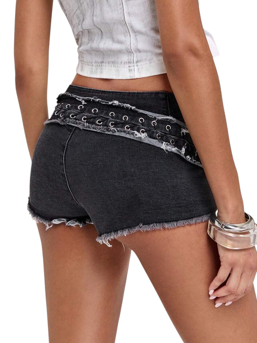 Women's Hollow Strap Low-Waist Denim Shorts