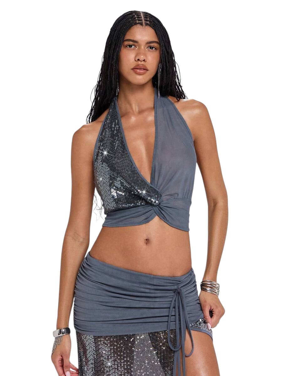 Women's Y2K Glitter Mesh Cowl Neck Tank Top