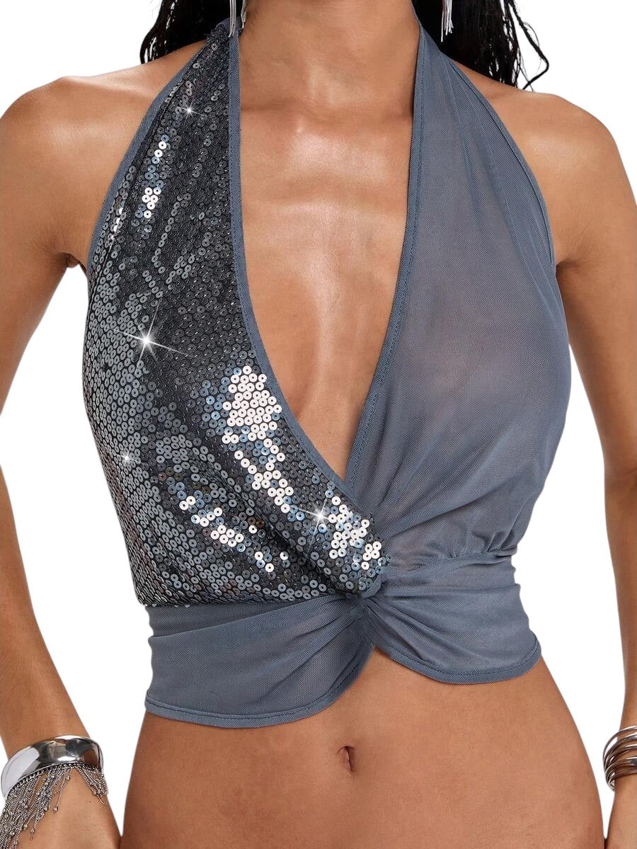 Women's Y2K Glitter Mesh Cowl Neck Tank Top