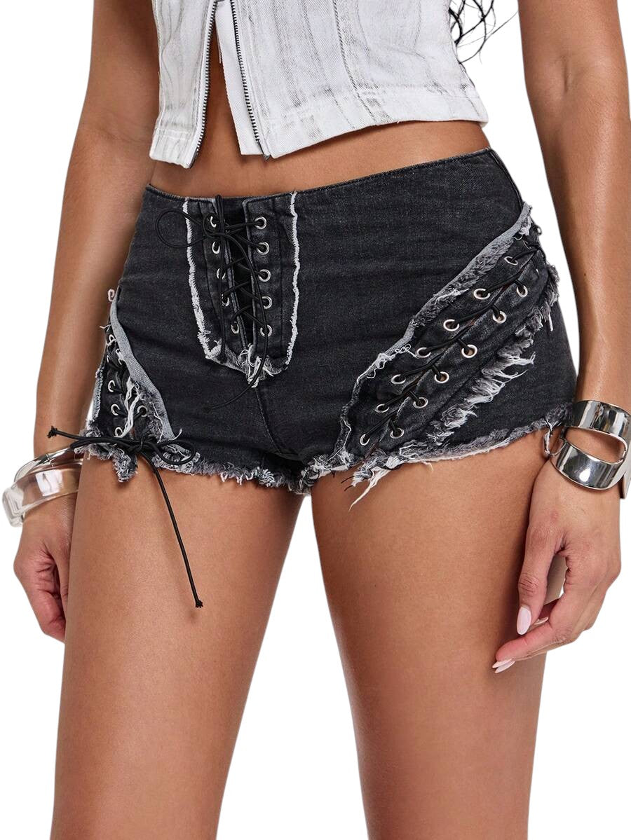 Women's Hollow Strap Low-Waist Denim Shorts