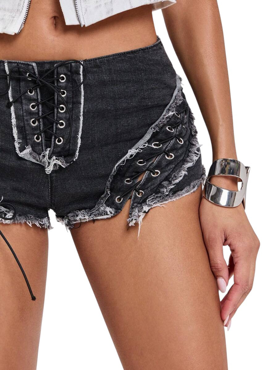 Women's Hollow Strap Low-Waist Denim Shorts