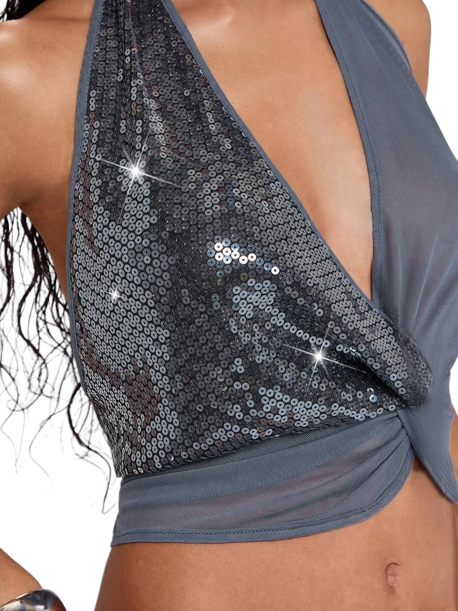 Women's Y2K Glitter Mesh Cowl Neck Tank Top