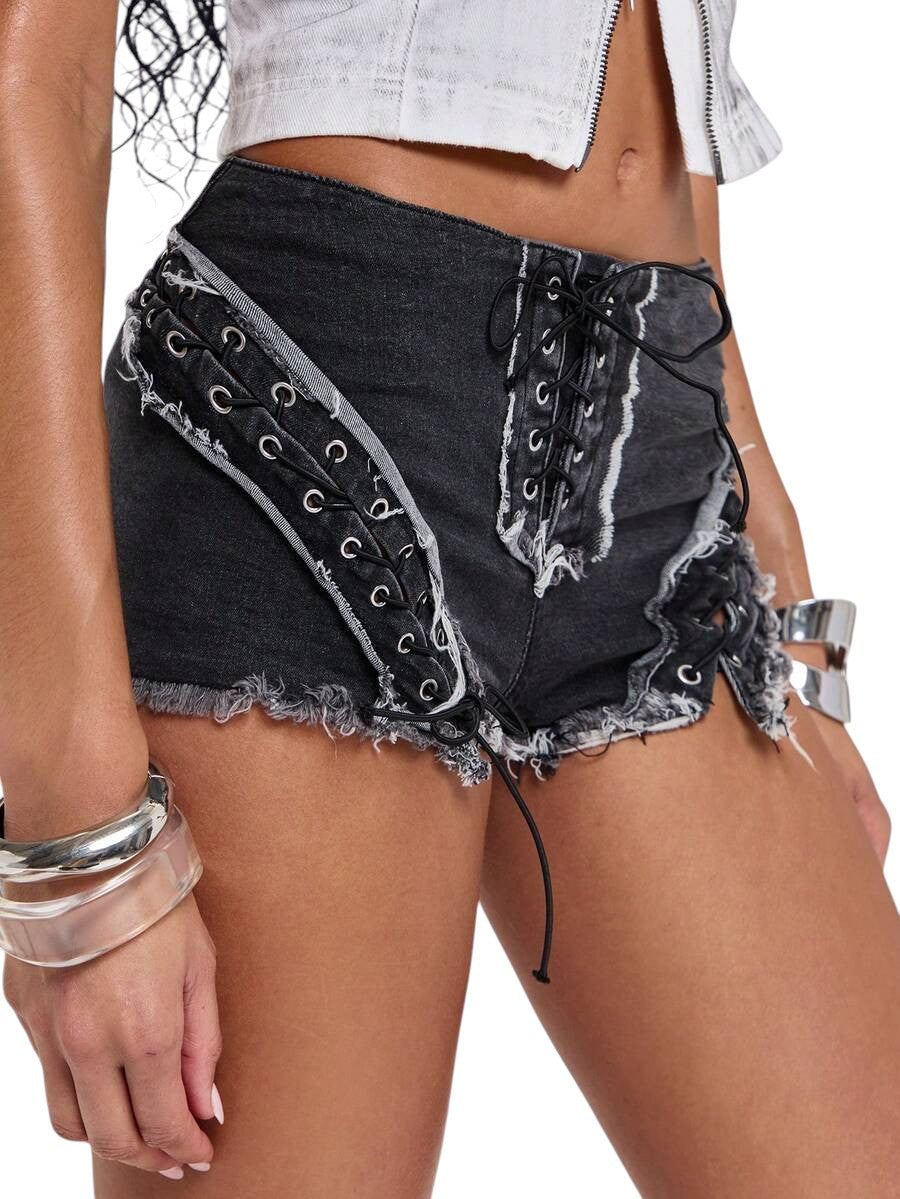 Women's Hollow Strap Low-Waist Denim Shorts