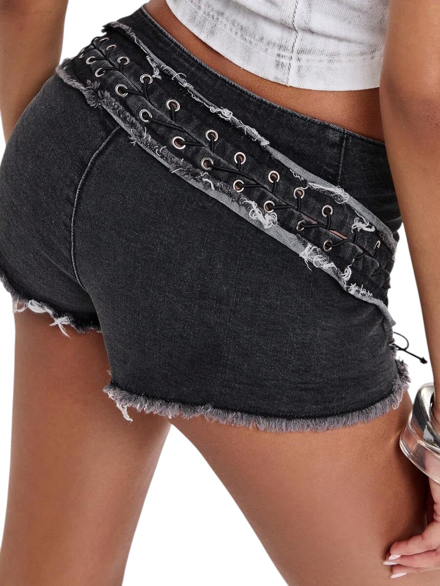 Women's Hollow Strap Low-Waist Denim Shorts
