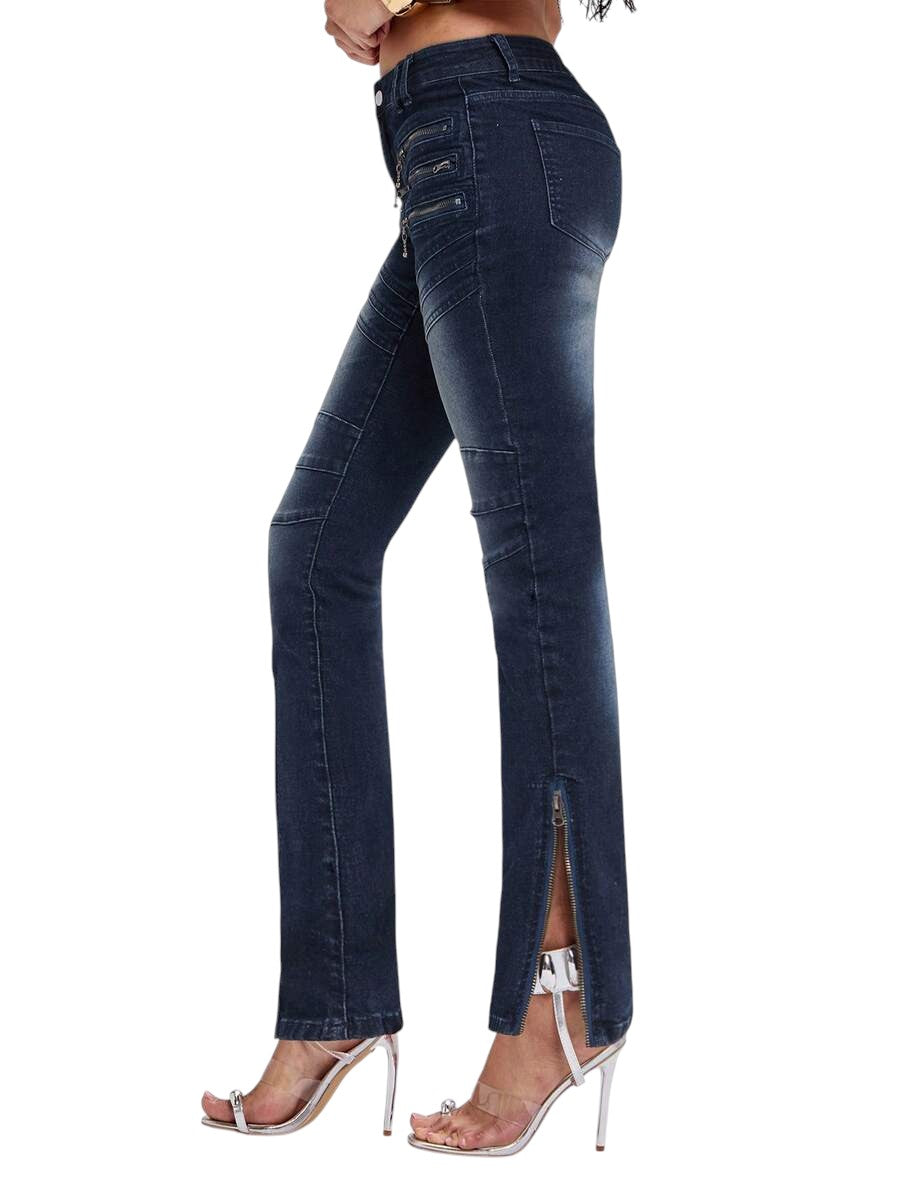 Y2K Ultra Low Rise Skinny Jeans with Two-Way Zip Hem