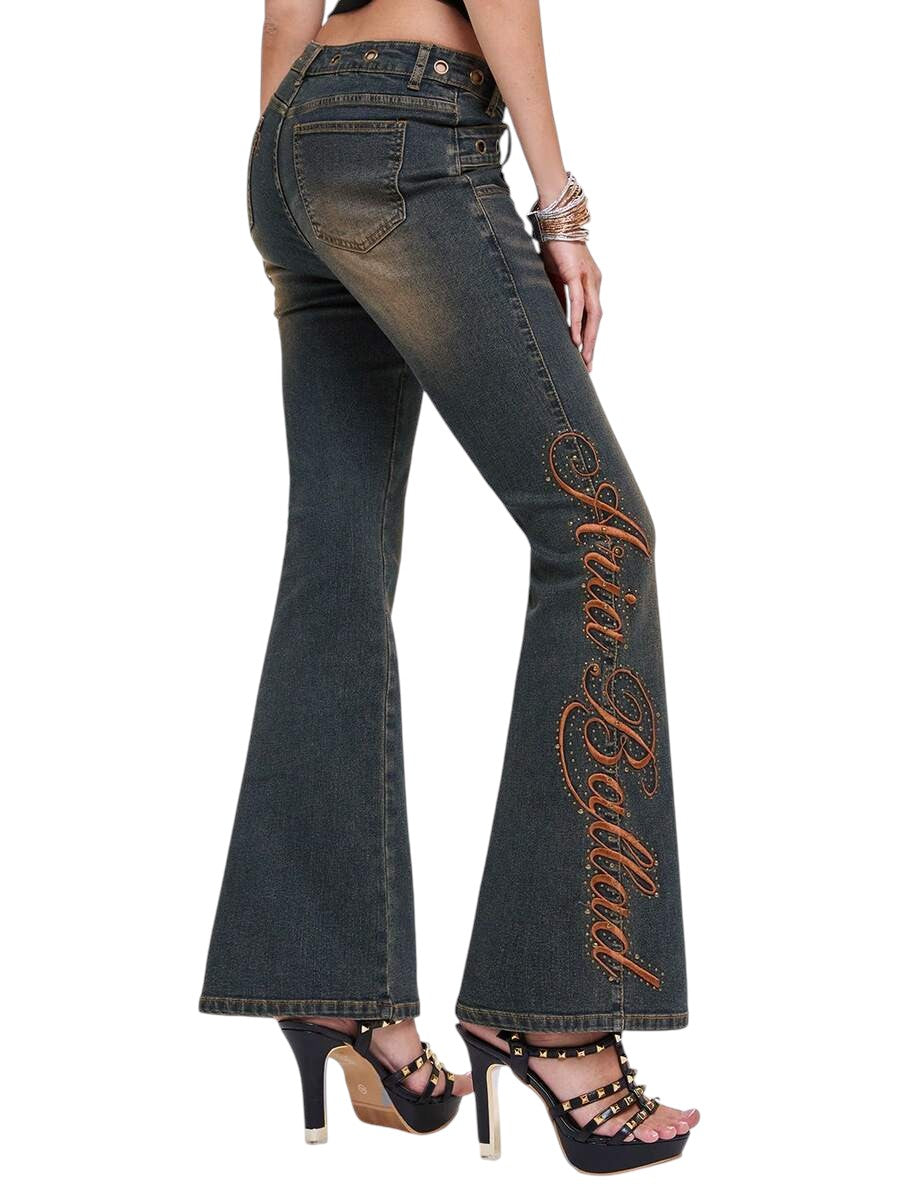 Y2K Low Rise Distressed Skinny Jeans with Slogan Embroidery