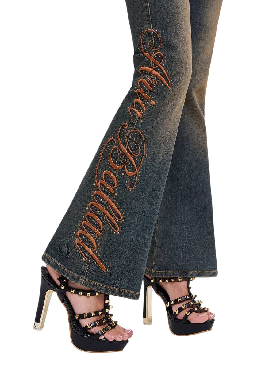 Y2K Low Rise Distressed Skinny Jeans with Slogan Embroidery