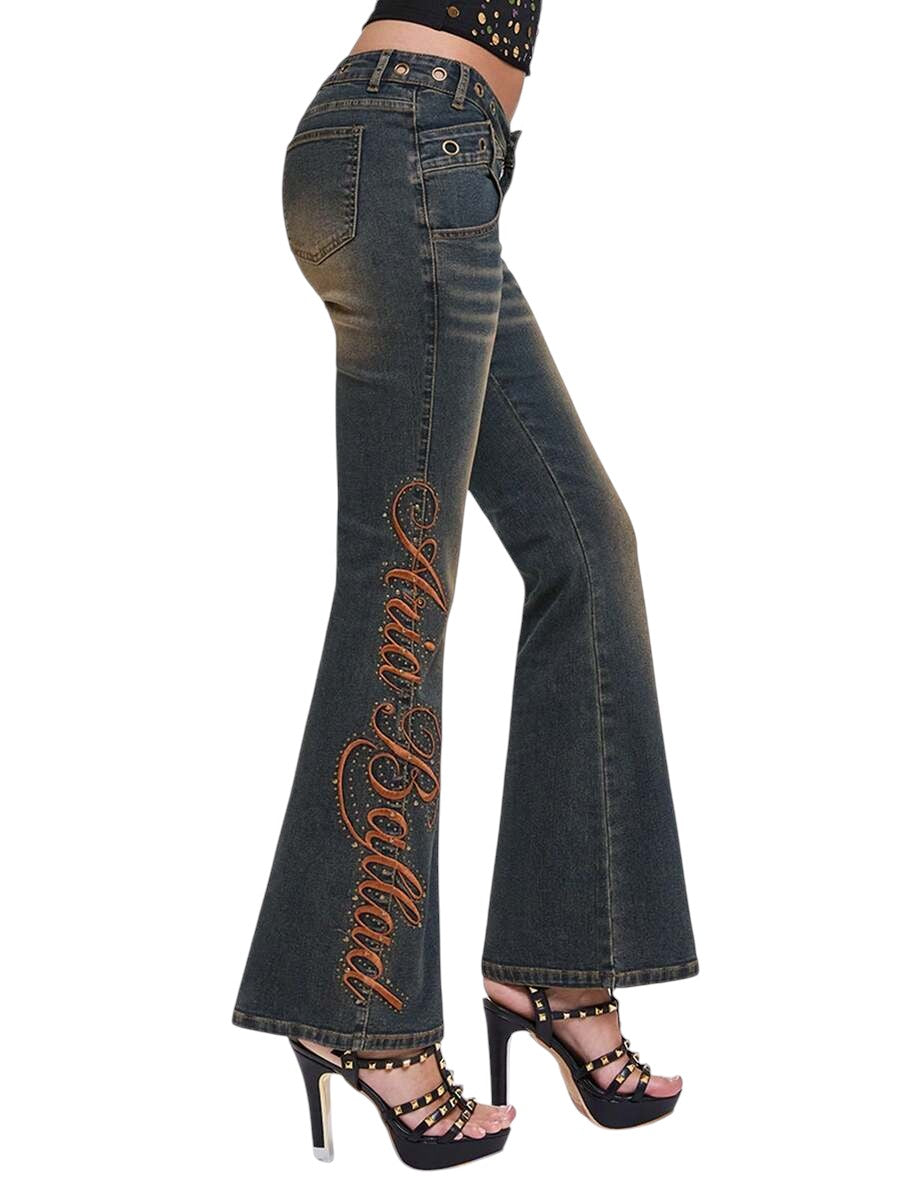 Y2K Low Rise Distressed Skinny Jeans with Slogan Embroidery