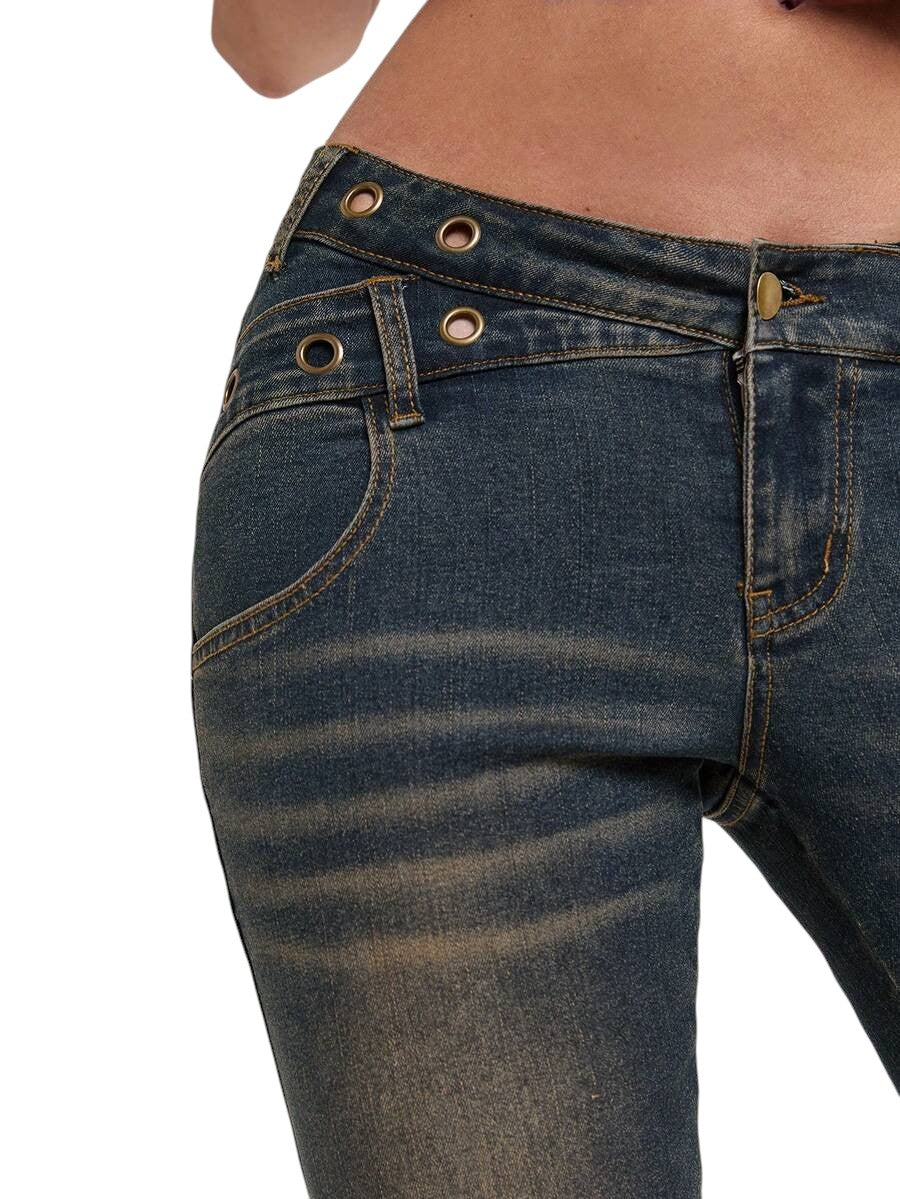 Y2K Low Rise Distressed Skinny Jeans with Slogan Embroidery