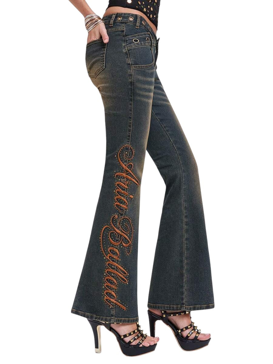 Y2K Low Rise Distressed Skinny Jeans with Slogan Embroidery