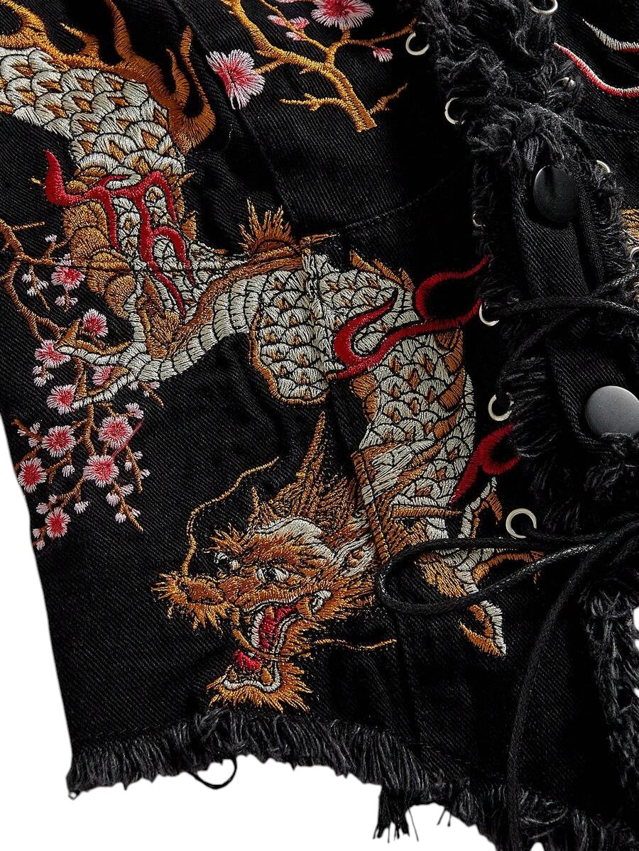Plus Size Black Chinese-Inspired Embroidered Halter Denim Top
