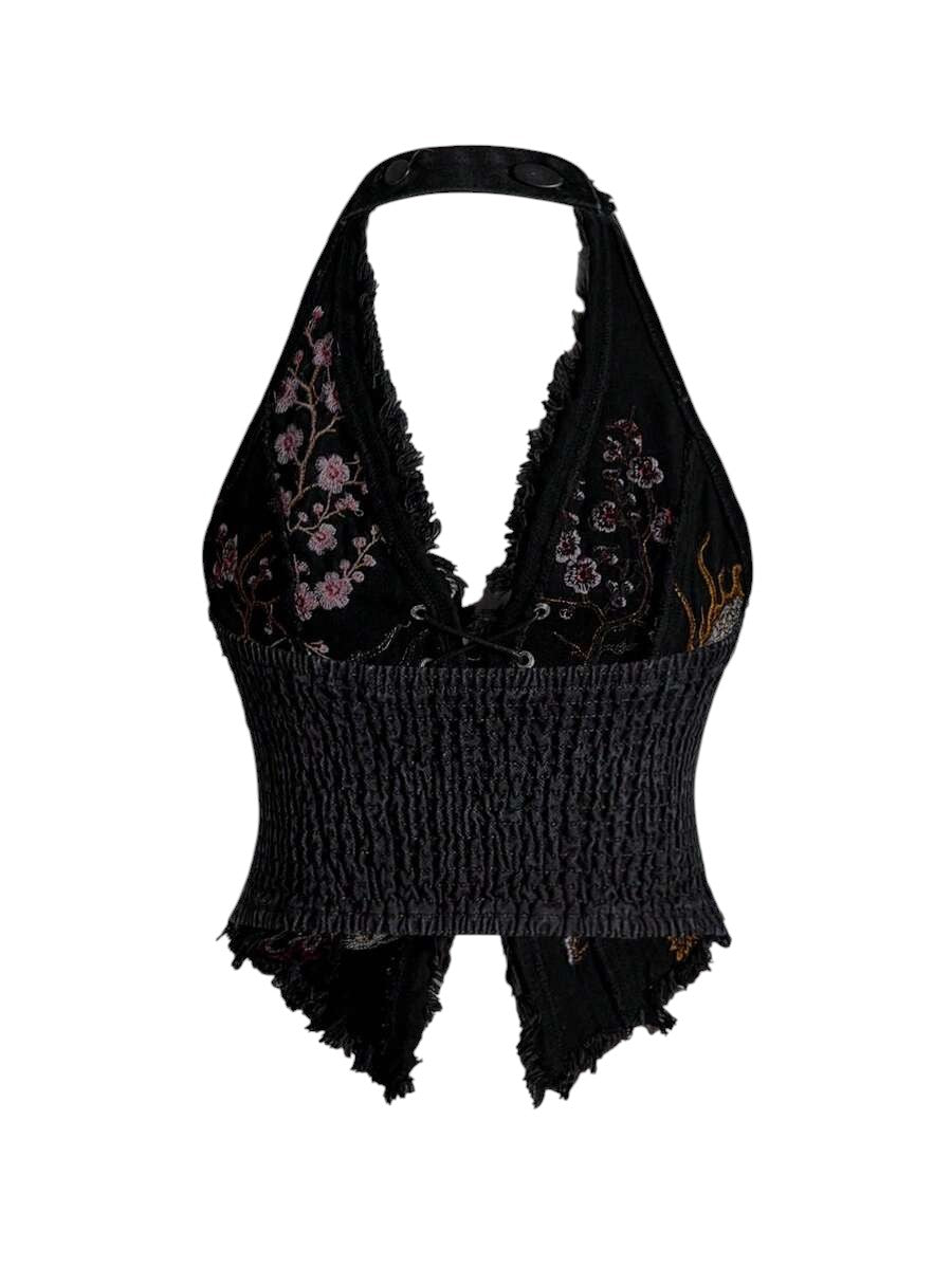 Plus Size Black Chinese-Inspired Embroidered Halter Denim Top