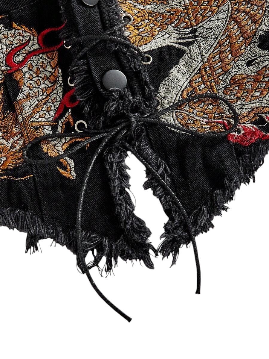 Plus Size Black Chinese-Inspired Embroidered Halter Denim Top