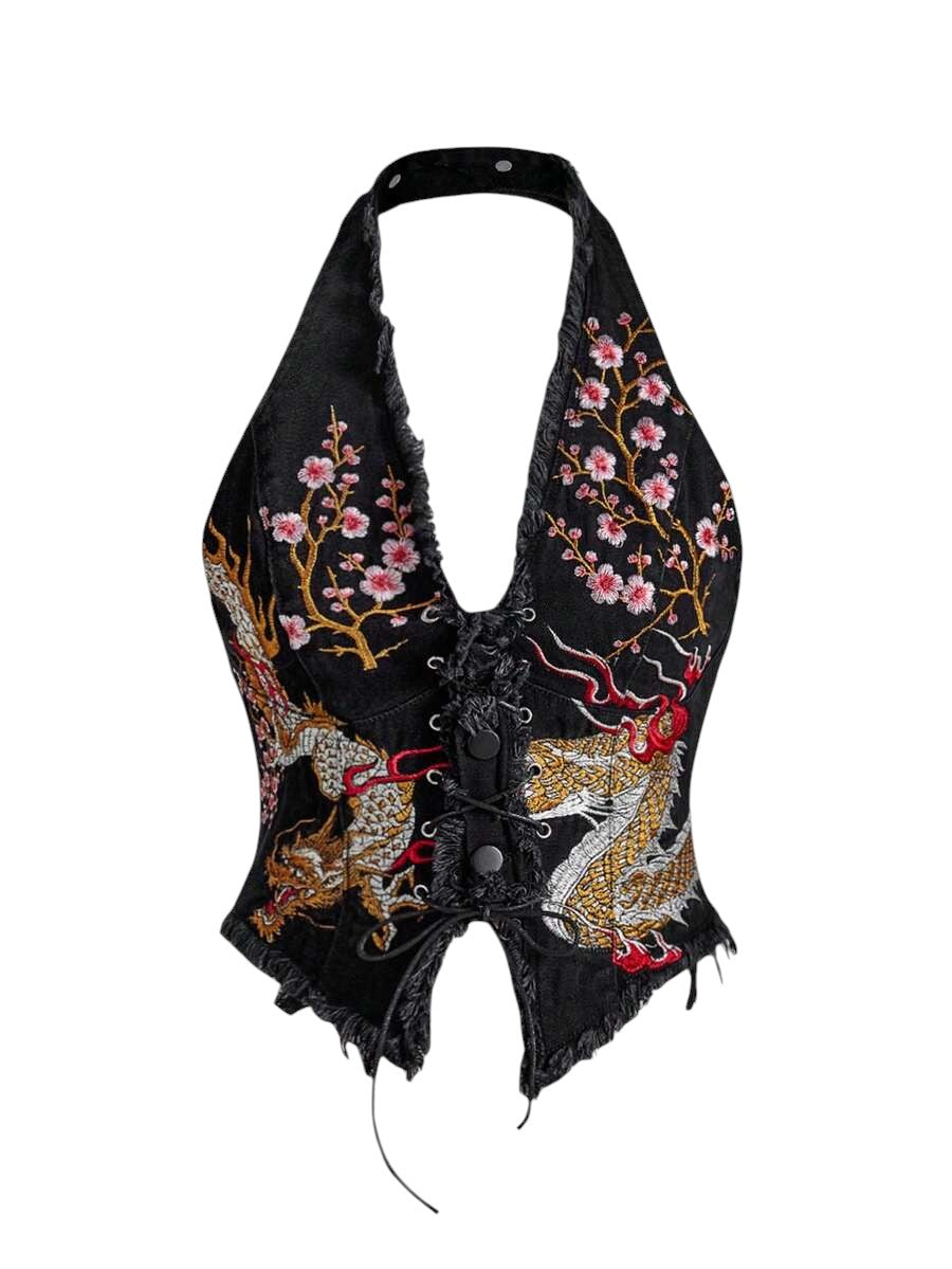 Plus Size Black Chinese-Inspired Embroidered Halter Denim Top