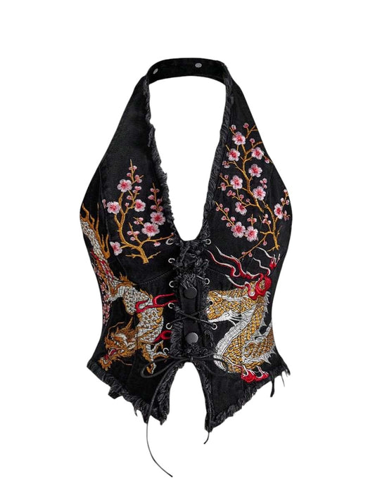 Plus Size Black Chinese-Inspired Embroidered Halter Denim Top