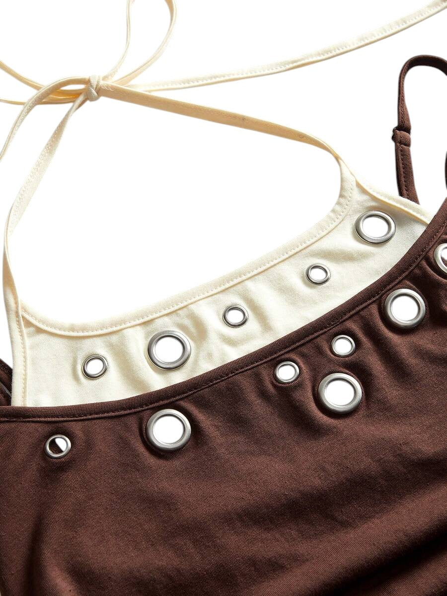Brown Y2K Eyelet Detail Streetwear Fitted Tank Top