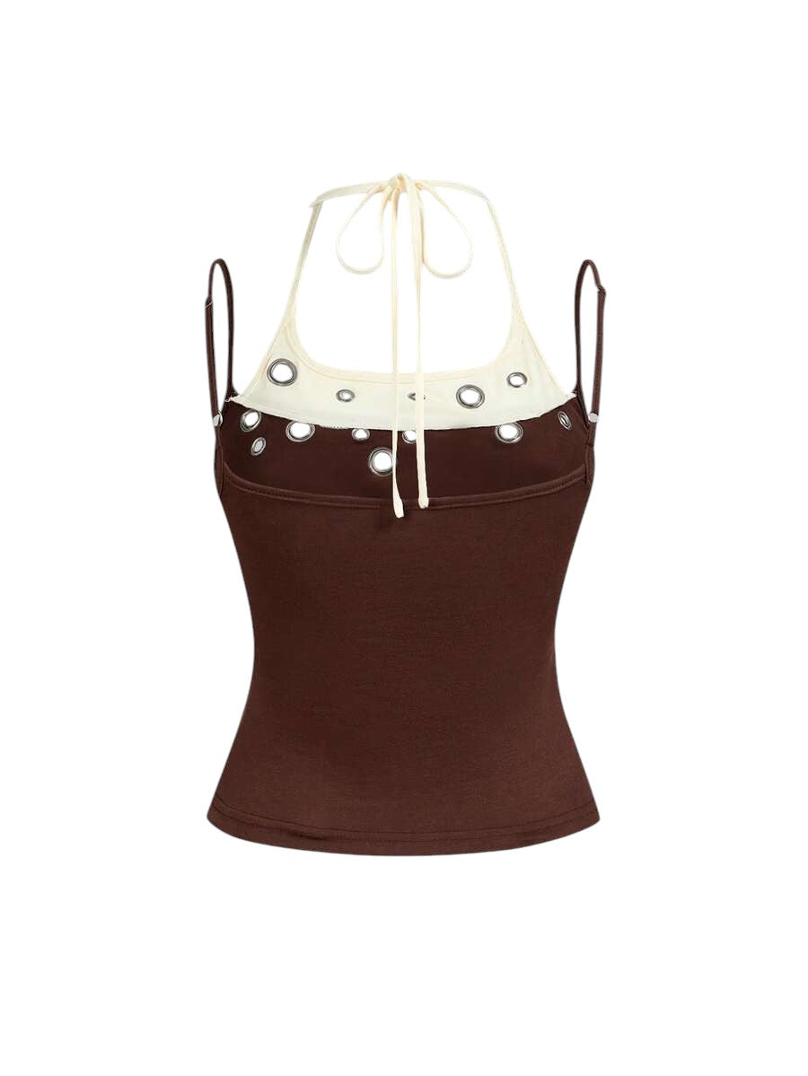 Brown Y2K Eyelet Detail Streetwear Fitted Tank Top