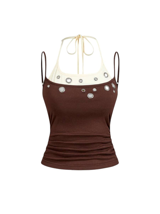 Brown Y2K Eyelet Detail Streetwear Fitted Tank Top