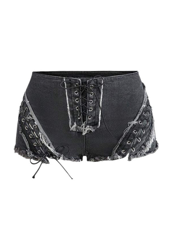 Women's Hollow Strap Low-Waist Denim Shorts