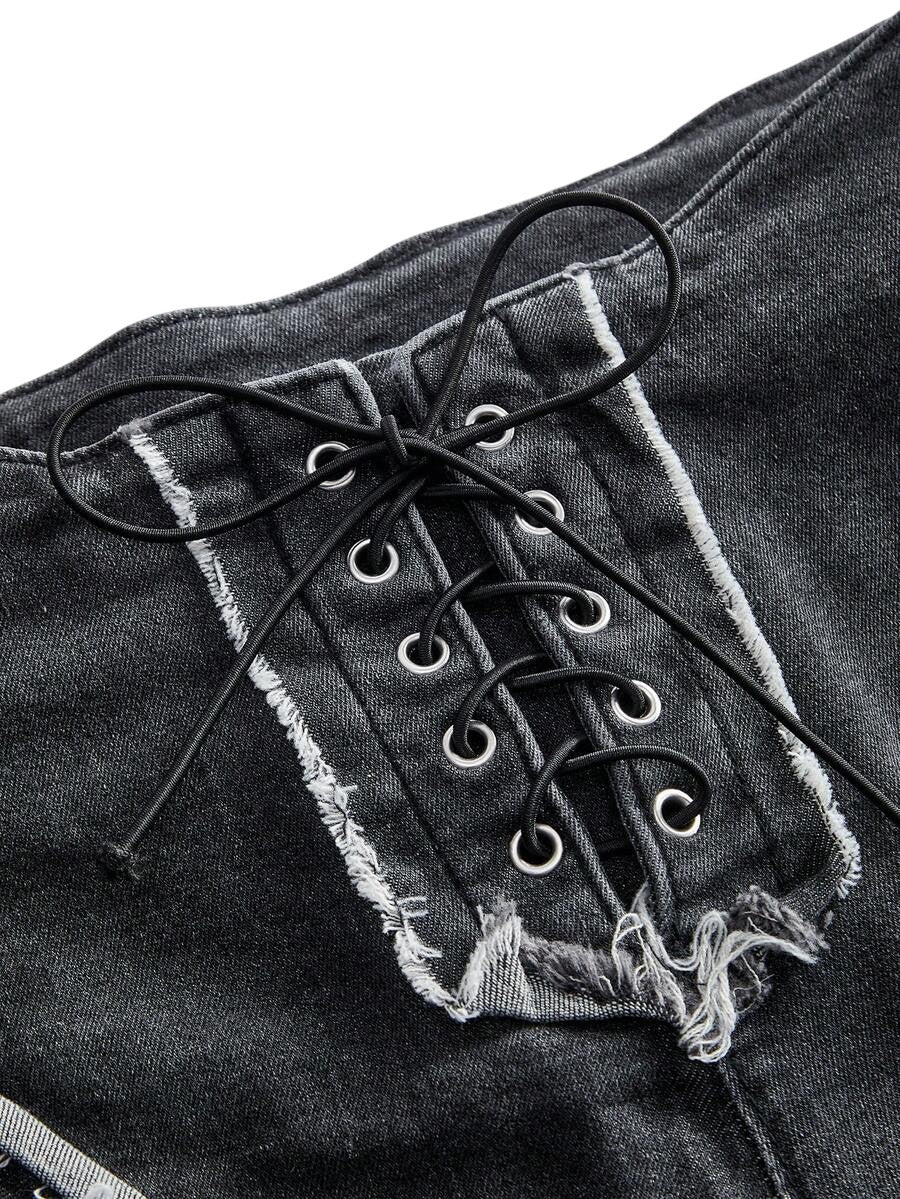 Women's Hollow Strap Low-Waist Denim Shorts