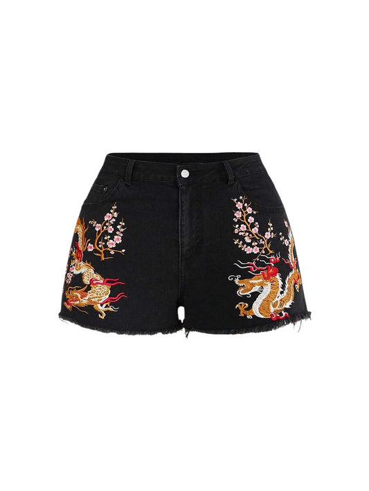 Plus Size Chinese-Inspired Embroidered Fringe Denim Shorts