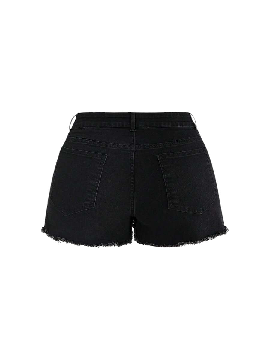 Plus Size Chinese-Inspired Embroidered Fringe Denim Shorts